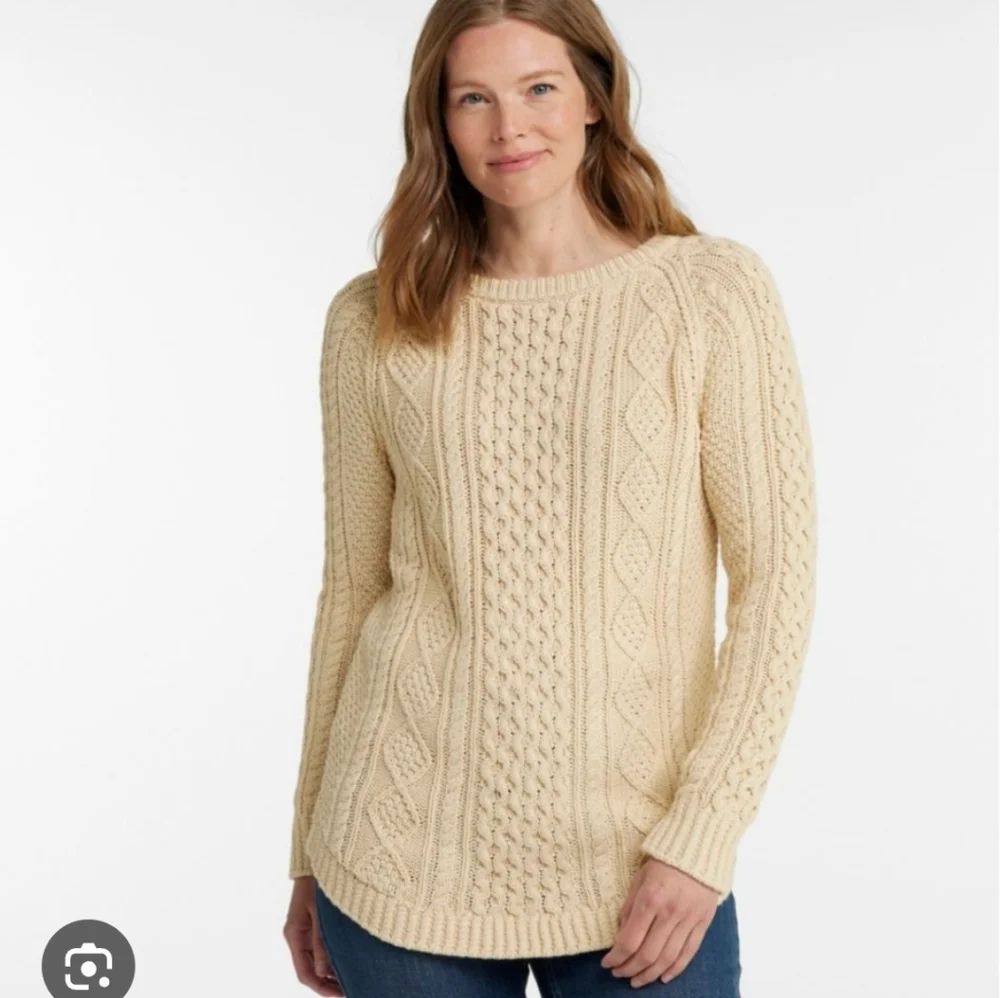LL BEAN SIGNATURE FISHERMEN Cream Cable Knit Sweater Coastal Nautical Wool